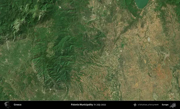 Paionia Belediyesi. Temmuz 2022 'de çekilen Global Mozaik Sentinel-2 karolarından oluşan uydu görüntüsü üzerine Yunanistan' ın idari bölgesi