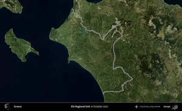 Elis Bölgesel Birimi. Yunanistan 'ın idari alanı, Ekim 2022' de çekilen Global Mozaik Sentinel-2 karolarından oluşan bir uydu görüntüsünde özetlendi