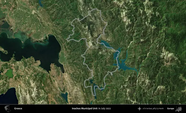 Inachos Belediye Birimi. Yunanistan 'ın idari alanı, Temmuz 2022' de çekilen Global Mozaik Sentinel-2 karolarından oluşan bir uydu görüntüsüyle özetlendi