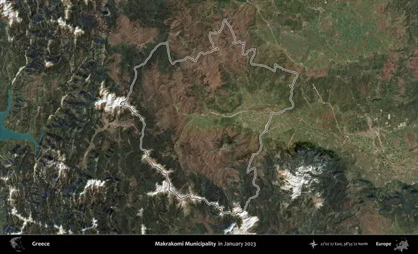 Makrakomi Belediyesi. Yunanistan 'ın idari alanı, Ocak 2023' te çekilen Global Mozaik Sentinel-2 karolarından oluşan bir uydu görüntüsünde özetlendi