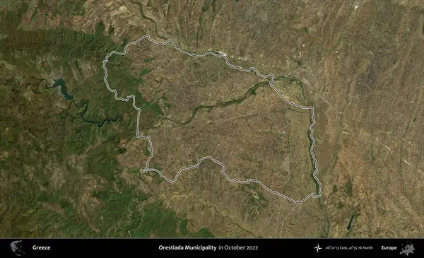 Orestiada Belediyesi. Yunanistan 'ın idari alanı, Ekim 2022' de çekilen Global Mozaik Sentinel-2 karolarından oluşan bir uydu görüntüsünde özetlendi