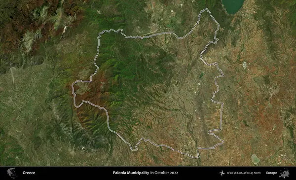 Paionia Belediyesi. Yunanistan 'ın idari alanı, Ekim 2022' de çekilen Global Mozaik Sentinel-2 karolarından oluşan bir uydu görüntüsünde özetlendi
