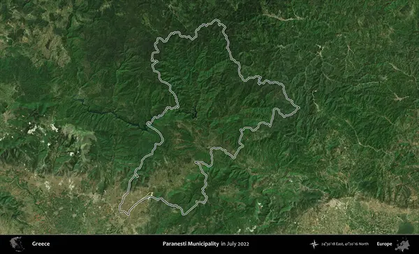 Paranesti Belediyesi. Yunanistan 'ın idari alanı, Temmuz 2022' de çekilen Global Mozaik Sentinel-2 karolarından oluşan bir uydu görüntüsüyle özetlendi