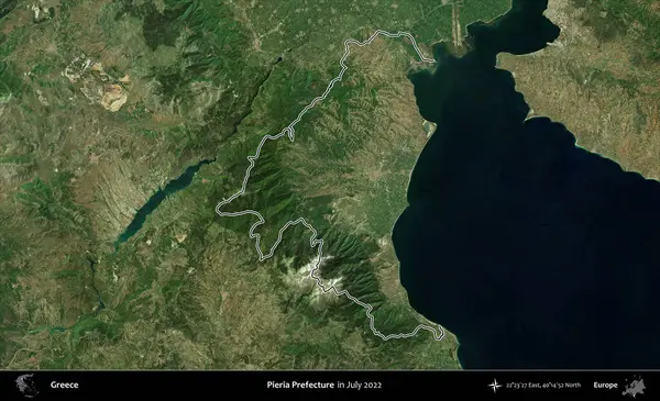 Pieria Bölgesi. Yunanistan 'ın idari alanı, Temmuz 2022' de çekilen Global Mozaik Sentinel-2 karolarından oluşan bir uydu görüntüsüyle özetlendi
