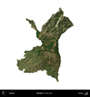Olympia. Yunanistan idari bölgesi, Temmuz 2022 'de çekilen Global Mozaik Sentinel-2 karolarından oluşan bir uydu görüntüsü üzerinde beyaza izole edildi