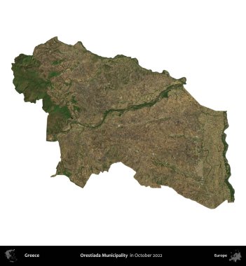 Orestiada Belediyesi. Yunanistan idari bölgesi, Ekim 2022 'de çekilen Global Mozaik Sentinel-2 karolarından oluşan bir uydu görüntüsü üzerinde beyaza izole edildi