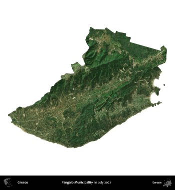 Pangaio Belediyesi. Yunanistan idari bölgesi, Temmuz 2022 'de çekilen Global Mozaik Sentinel-2 karolarından oluşan bir uydu görüntüsü üzerinde beyaza izole edildi