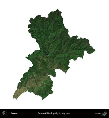 Paranesti Belediyesi. Yunanistan idari bölgesi, Temmuz 2022 'de çekilen Global Mozaik Sentinel-2 karolarından oluşan bir uydu görüntüsü üzerinde beyaza izole edildi