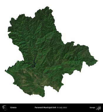 Paranesti Belediye Birimi. Yunanistan idari bölgesi, Temmuz 2022 'de çekilen Global Mozaik Sentinel-2 karolarından oluşan bir uydu görüntüsü üzerinde beyaza izole edildi