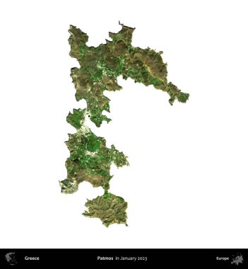 Patmos. Yunanistan idari bölgesi, Ocak 2023 'te çekilen Global Mozaik Sentinel-2 karolarından oluşan bir uydu görüntüsü üzerinde beyaza izole edildi