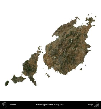 Paros Bölgesel Birimi. Yunanistan idari bölgesi, Temmuz 2022 'de çekilen Global Mozaik Sentinel-2 karolarından oluşan bir uydu görüntüsü üzerinde beyaza izole edildi