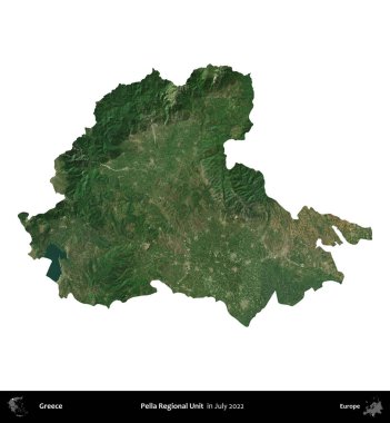 Pella Bölgesel Birimi. Yunanistan idari bölgesi, Temmuz 2022 'de çekilen Global Mozaik Sentinel-2 karolarından oluşan bir uydu görüntüsü üzerinde beyaza izole edildi