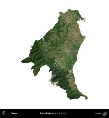 Pieria Bölgesi. Yunanistan idari bölgesi, Temmuz 2022 'de çekilen Global Mozaik Sentinel-2 karolarından oluşan bir uydu görüntüsü üzerinde beyaza izole edildi