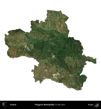 Poligyros Belediyesi. Yunanistan idari bölgesi, Temmuz 2022 'de çekilen Global Mozaik Sentinel-2 karolarından oluşan bir uydu görüntüsü üzerinde beyaza izole edildi