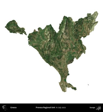 Preveza Bölgesel Birimi. Yunanistan idari bölgesi, Temmuz 2022 'de çekilen Global Mozaik Sentinel-2 karolarından oluşan bir uydu görüntüsü üzerinde beyaza izole edildi