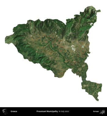 Prosotsani Belediyesi. Yunanistan idari bölgesi, Temmuz 2022 'de çekilen Global Mozaik Sentinel-2 karolarından oluşan bir uydu görüntüsü üzerinde beyaza izole edildi