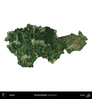 Pyli Belediyesi. Yunanistan idari bölgesi, Temmuz 2022 'de çekilen Global Mozaik Sentinel-2 karolarından oluşan bir uydu görüntüsü üzerinde beyaza izole edildi