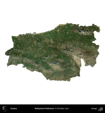 Rethymno Bölgesi. Yunanistan idari bölgesi, Ekim 2022 'de çekilen Global Mozaik Sentinel-2 karolarından oluşan bir uydu görüntüsü üzerinde beyaza izole edildi