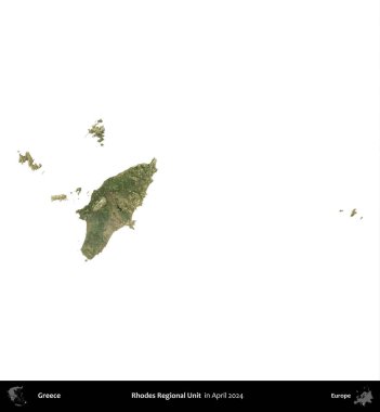 Rhodes Bölgesel Birimi. Yunanistan idari bölgesi, Nisan 2024 'te çekilen Global Mozaik Sentinel-2 karolarından oluşan bir uydu görüntüsü üzerinde beyaza izole edildi