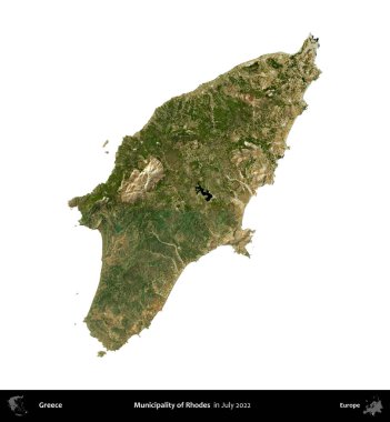 Rodos Belediyesi. Yunanistan idari bölgesi, Temmuz 2022 'de çekilen Global Mozaik Sentinel-2 karolarından oluşan bir uydu görüntüsü üzerinde beyaza izole edildi