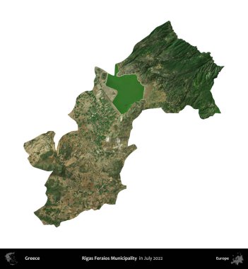 Rigas Feraios Belediyesi. Yunanistan idari bölgesi, Temmuz 2022 'de çekilen Global Mozaik Sentinel-2 karolarından oluşan bir uydu görüntüsü üzerinde beyaza izole edildi