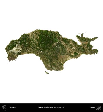 Samos Bölgesi. Yunanistan idari bölgesi, Temmuz 2022 'de çekilen Global Mozaik Sentinel-2 karolarından oluşan bir uydu görüntüsü üzerinde beyaza izole edildi