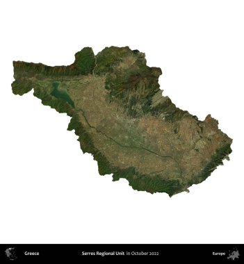 Bölgesel Serres Birimi. Yunanistan idari bölgesi, Ekim 2022 'de çekilen Global Mozaik Sentinel-2 karolarından oluşan bir uydu görüntüsü üzerinde beyaza izole edildi