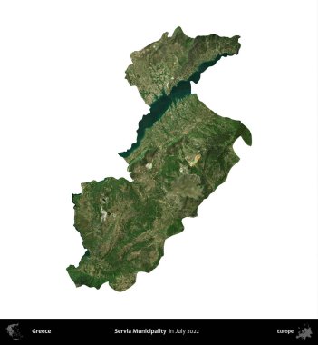 Servia Belediyesi. Yunanistan idari bölgesi, Temmuz 2022 'de çekilen Global Mozaik Sentinel-2 karolarından oluşan bir uydu görüntüsü üzerinde beyaza izole edildi