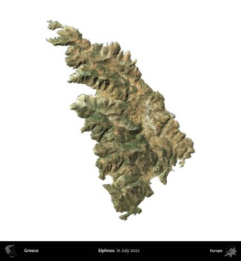 Siphnos. Yunanistan idari bölgesi, Temmuz 2022 'de çekilen Global Mozaik Sentinel-2 karolarından oluşan bir uydu görüntüsü üzerinde beyaza izole edildi