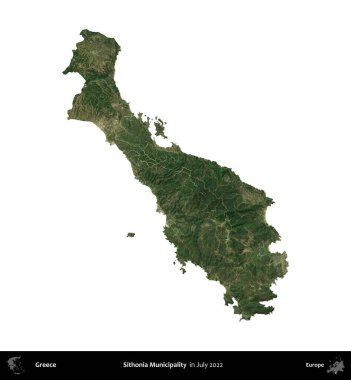 Sithonia Belediyesi. Yunanistan idari bölgesi, Temmuz 2022 'de çekilen Global Mozaik Sentinel-2 karolarından oluşan bir uydu görüntüsü üzerinde beyaza izole edildi