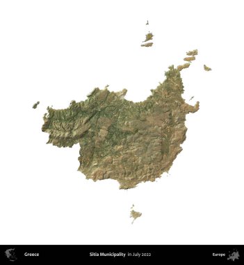 Sitia Belediyesi. Yunanistan idari bölgesi, Temmuz 2022 'de çekilen Global Mozaik Sentinel-2 karolarından oluşan bir uydu görüntüsü üzerinde beyaza izole edildi