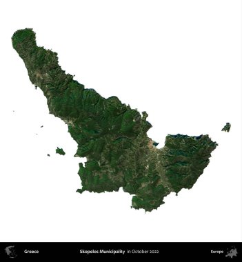 O 'elos Belediyesi. Yunanistan idari bölgesi, Ekim 2022 'de çekilen Global Mozaik Sentinel-2 karolarından oluşan bir uydu görüntüsü üzerinde beyaza izole edildi