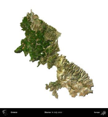 Skuros. Yunanistan idari bölgesi, Temmuz 2022 'de çekilen Global Mozaik Sentinel-2 karolarından oluşan bir uydu görüntüsü üzerinde beyaza izole edildi