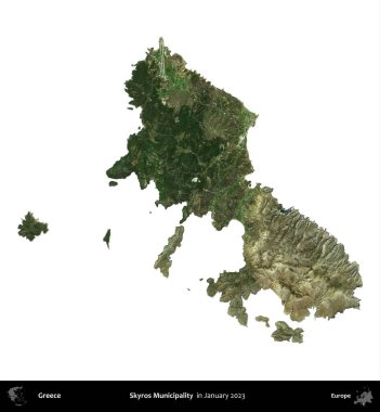 Skyros Belediyesi. Yunanistan idari bölgesi, Ocak 2023 'te çekilen Global Mozaik Sentinel-2 karolarından oluşan bir uydu görüntüsü üzerinde beyaza izole edildi