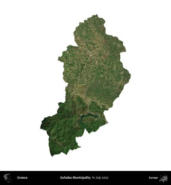 Sofades Belediyesi. Yunanistan idari bölgesi, Temmuz 2022 'de çekilen Global Mozaik Sentinel-2 karolarından oluşan bir uydu görüntüsü üzerinde beyaza izole edildi