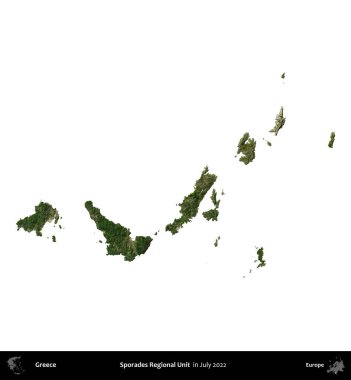 Sporades Bölgesel Birimi. Yunanistan idari bölgesi, Temmuz 2022 'de çekilen Global Mozaik Sentinel-2 karolarından oluşan bir uydu görüntüsü üzerinde beyaza izole edildi