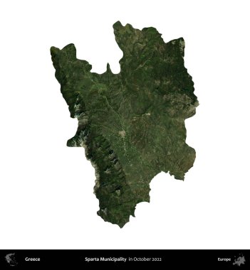 Sparta Belediyesi. Yunanistan idari bölgesi, Ekim 2022 'de çekilen Global Mozaik Sentinel-2 karolarından oluşan bir uydu görüntüsü üzerinde beyaza izole edildi