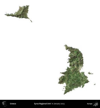 Syros Bölgesel Birimi. Yunanistan idari bölgesi, Ocak 2023 'te çekilen Global Mozaik Sentinel-2 karolarından oluşan bir uydu görüntüsü üzerinde beyaza izole edildi