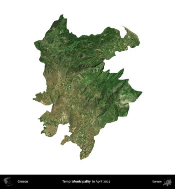 Tempi Belediyesi. Yunanistan idari bölgesi, Nisan 2024 'te çekilen Global Mozaik Sentinel-2 karolarından oluşan bir uydu görüntüsü üzerinde beyaza izole edildi