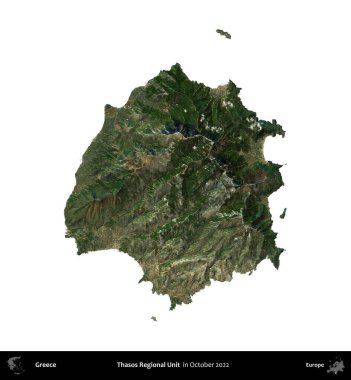Thasos Bölgesel Birimi. Yunanistan idari bölgesi, Ekim 2022 'de çekilen Global Mozaik Sentinel-2 karolarından oluşan bir uydu görüntüsü üzerinde beyaza izole edildi