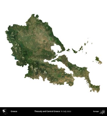 Teselya ve Orta Yunanistan. Yunanistan idari bölgesi, Temmuz 2022 'de çekilen Global Mozaik Sentinel-2 karolarından oluşan bir uydu görüntüsü üzerinde beyaza izole edildi