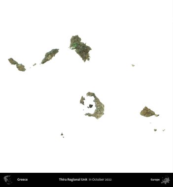 Thira Bölgesel Birimi. Yunanistan idari bölgesi, Ekim 2022 'de çekilen Global Mozaik Sentinel-2 karolarından oluşan bir uydu görüntüsü üzerinde beyaza izole edildi
