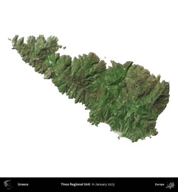 Tinos Bölgesel Birimi. Yunanistan idari bölgesi, Ocak 2023 'te çekilen Global Mozaik Sentinel-2 karolarından oluşan bir uydu görüntüsü üzerinde beyaza izole edildi