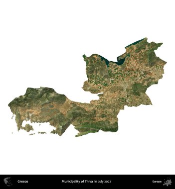 Thiva Belediyesi. Yunanistan idari bölgesi, Temmuz 2022 'de çekilen Global Mozaik Sentinel-2 karolarından oluşan bir uydu görüntüsü üzerinde beyaza izole edildi