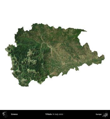 Trikala. Yunanistan idari bölgesi, Temmuz 2022 'de çekilen Global Mozaik Sentinel-2 karolarından oluşan bir uydu görüntüsü üzerinde beyaza izole edildi