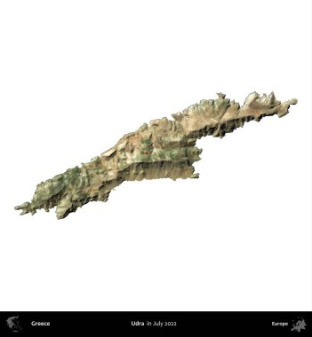 Udra. Yunanistan idari bölgesi, Temmuz 2022 'de çekilen Global Mozaik Sentinel-2 karolarından oluşan bir uydu görüntüsü üzerinde beyaza izole edildi