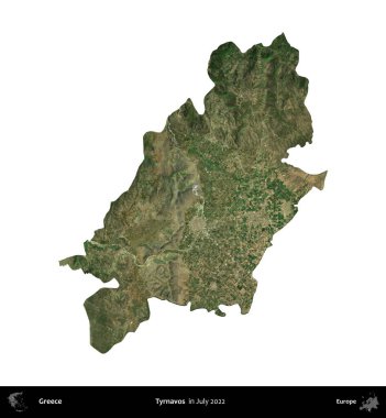 Tyrnavos. Yunanistan idari bölgesi, Temmuz 2022 'de çekilen Global Mozaik Sentinel-2 karolarından oluşan bir uydu görüntüsü üzerinde beyaza izole edildi