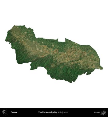 Visaltia Belediyesi. Yunanistan idari bölgesi, Temmuz 2022 'de çekilen Global Mozaik Sentinel-2 karolarından oluşan bir uydu görüntüsü üzerinde beyaza izole edildi