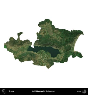 Volvi Belediyesi. Yunanistan idari bölgesi, Temmuz 2022 'de çekilen Global Mozaik Sentinel-2 karolarından oluşan bir uydu görüntüsü üzerinde beyaza izole edildi