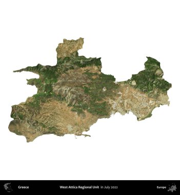 Batı Attica Bölgesel Birimi. Yunanistan idari bölgesi, Temmuz 2022 'de çekilen Global Mozaik Sentinel-2 karolarından oluşan bir uydu görüntüsü üzerinde beyaza izole edildi